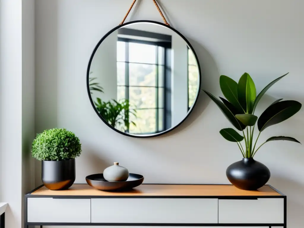 Un espejo negro colgando en una pared blanca, reflejando un espacio sereno y bien organizado con elementos de feng shui