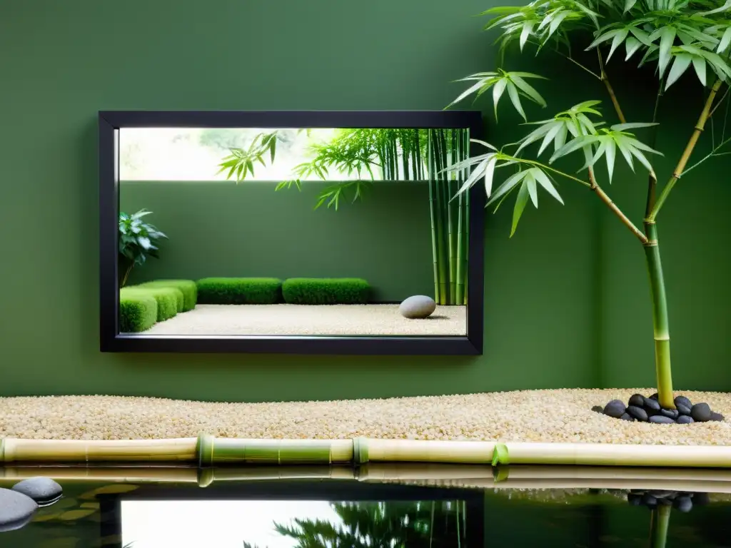 Un espejo rectangular refleja un apacible jardín zen con grava y bambú