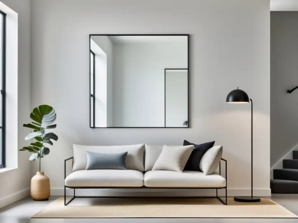 Espejo rectangular con marco negro en pared blanca, refleja un espacio minimalista y tranquilo con muebles modernos