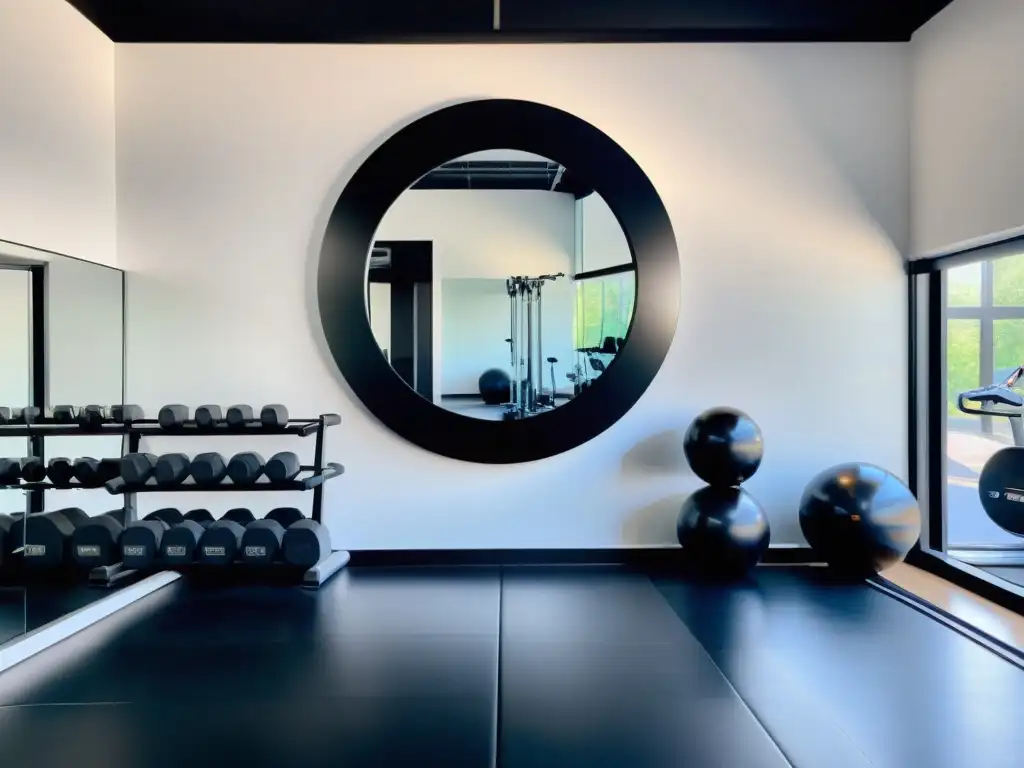 Un espejo redondo de diseño minimalista en un gimnasio moderno refleja el equilibrio y la amplitud, con un uso estratégico según el Feng Shui