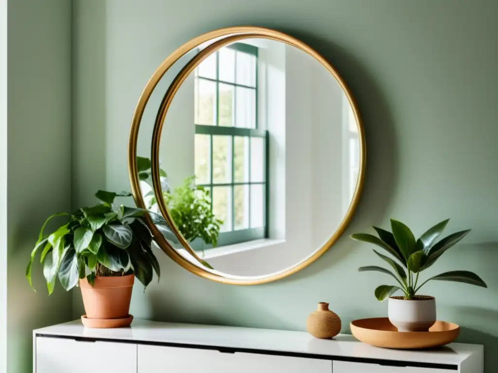 Un espejo redondo y dorado cuelga de una pared blanca, reflejando un espacio tranquilo y armonioso con toques de verde de una planta