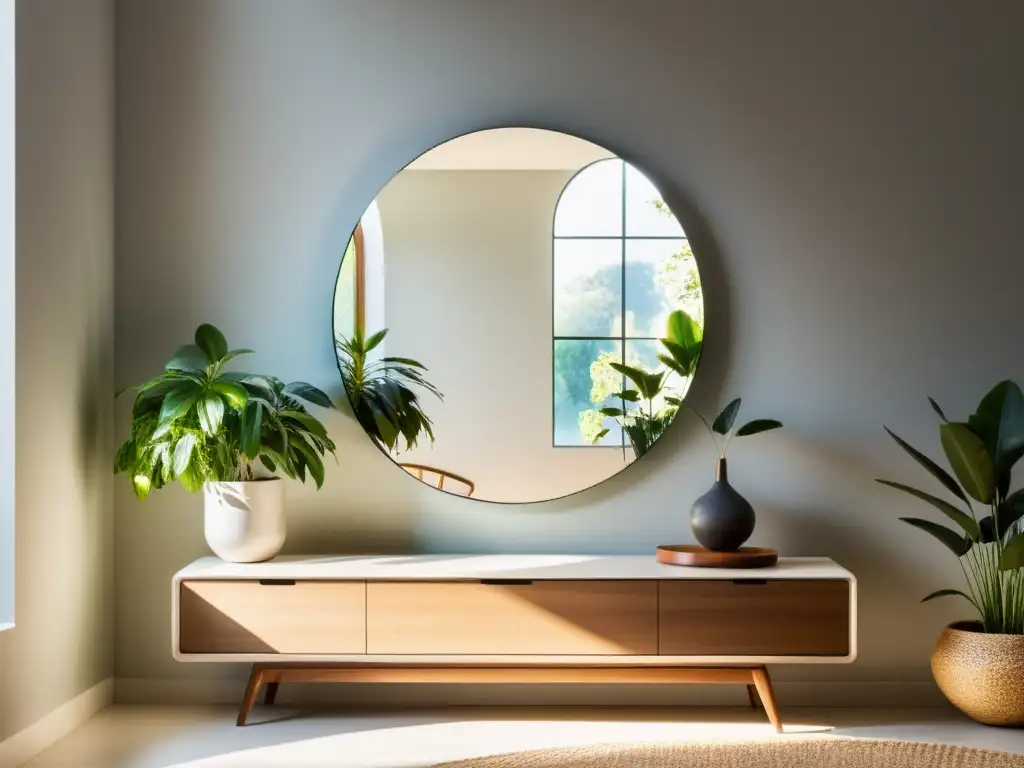 Un espejo redondo sin marco en una habitación luminosa con energía calmante y equilibrio, reflejando el diseño de Feng Shui