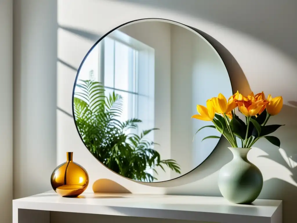 Un espejo redondo sin marco cuelga en una pared blanca, reflejando una planta exuberante y un jarrón de flores frescas en una habitación soleada