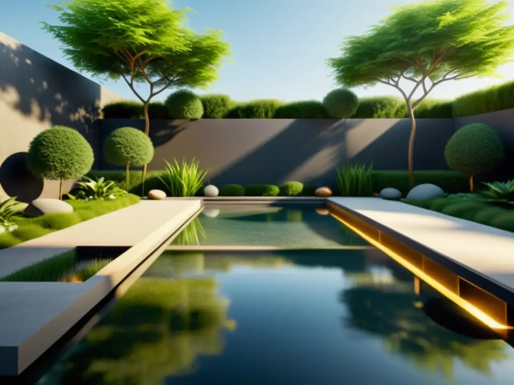 Jardín Feng Shui con espejos estratégicos creando energía positiva y armonía con la naturaleza