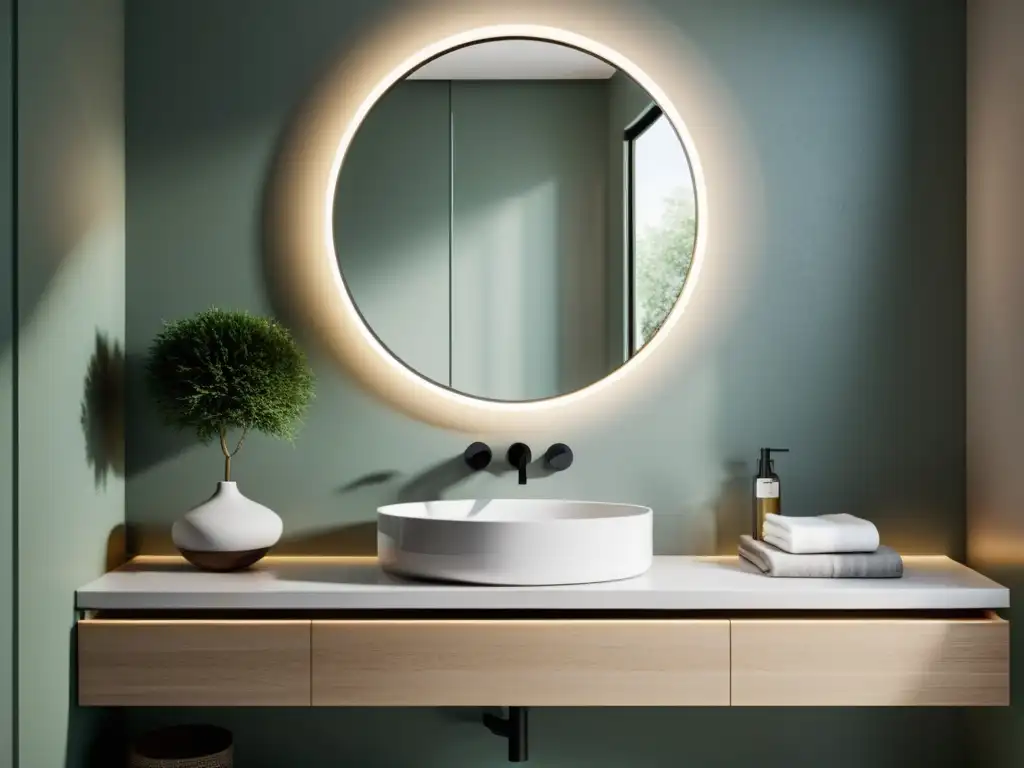 Espejos feng shui baño energía: Baño minimalista con espejo redondo grande sobre un lavabo blanco