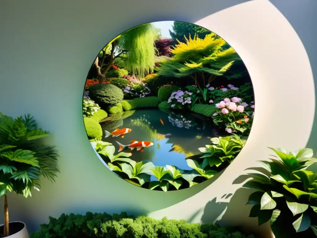 Espejos en Feng Shui para salud mental: Espejo redondo refleja jardín sereno con flores y estanque de peces koi, creando vista abstracta y armoniosa