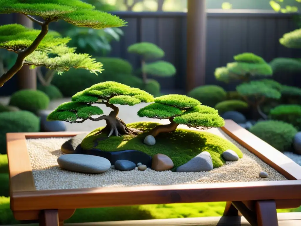 Renovación estacional en un apacible jardín Feng Shui, con rocas cubiertas de musgo, un bonsái y un puente de madera, rodeado de exuberante vegetación