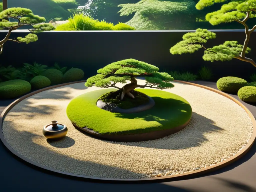 Renovación estacional jardín Feng Shui: Zen garden con bonsái, cascada y vegetación exuberante, bañado por luz tranquila