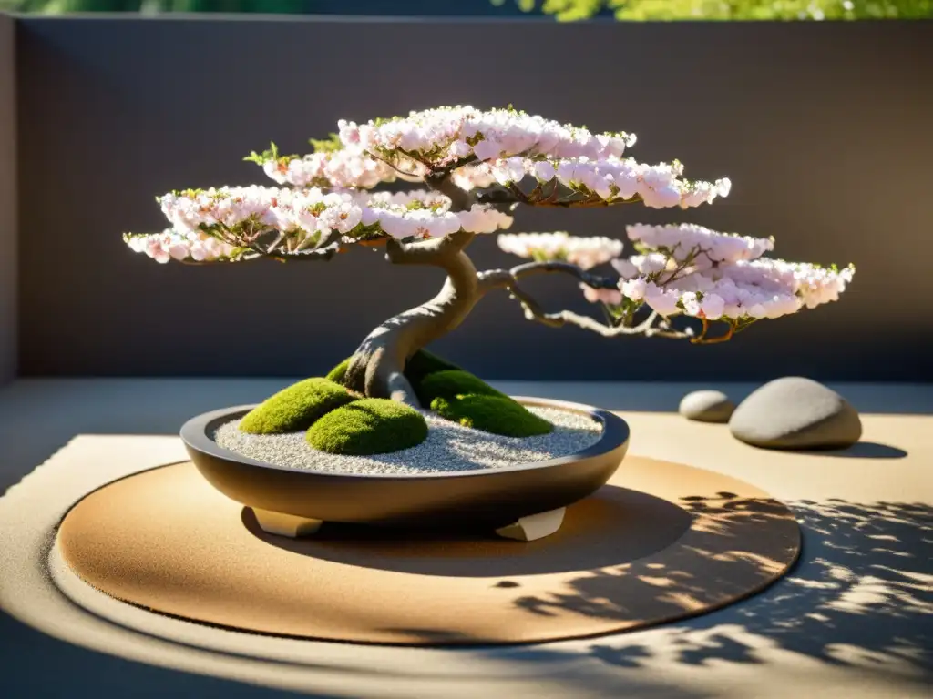 Renovación estacional en jardín Feng Shui: una escena serena con un bonsái, rocas y pétalos de cerezo en un jardín Zen