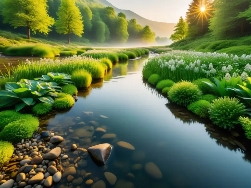 Fotografía estacional y Feng Shui: Imagen serena de primavera con arroyo cristalino, bosque exuberante y árbol de cerezo en flor