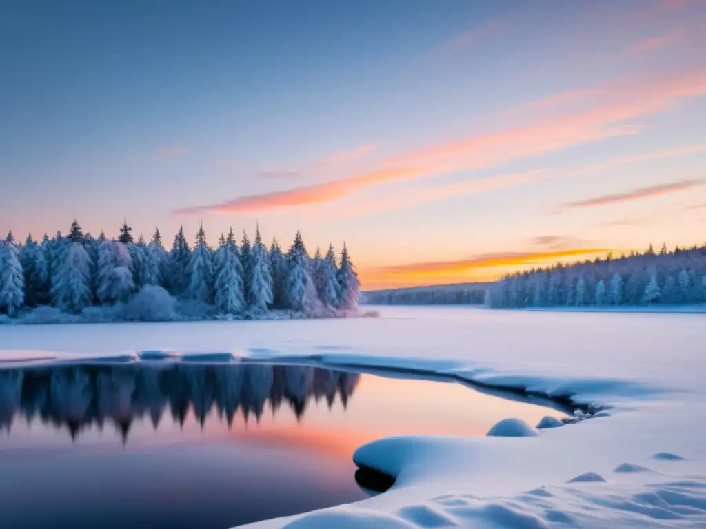 Una fotografía estacional y Feng Shui: tranquilo paisaje invernal con lago congelado, árboles nevados y suave atardecer rosa y naranja