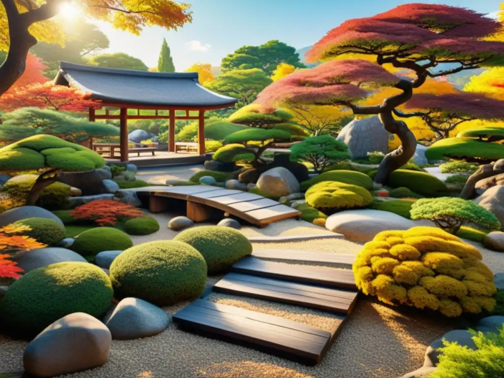 Feng Shui adaptando jardín estaciones: Un apacible jardín japonés con bonsáis, puente de madera y follaje otoñal, irradiando armonía y paz