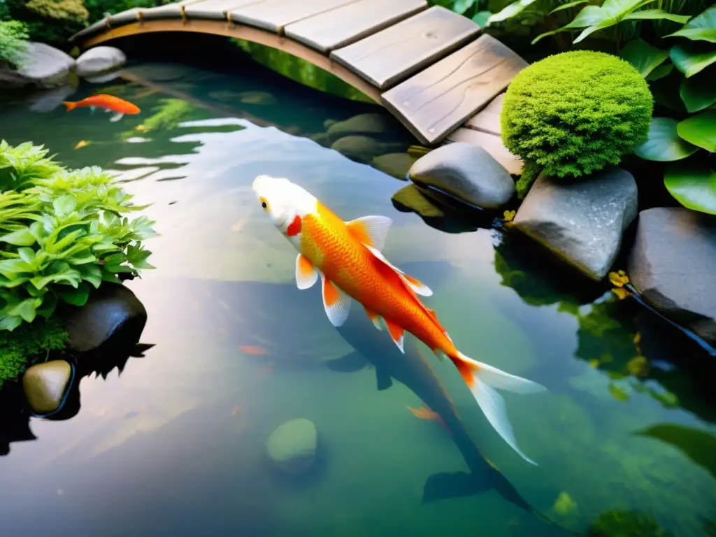 Jardín japonés con estanque de koi y puente de madera Jardín Feng Shui con estanque de koi, vida acuática integrada en armonía