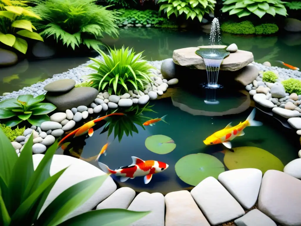 Un estanque sereno con agua cristalina, plantas exuberantes y peces koi