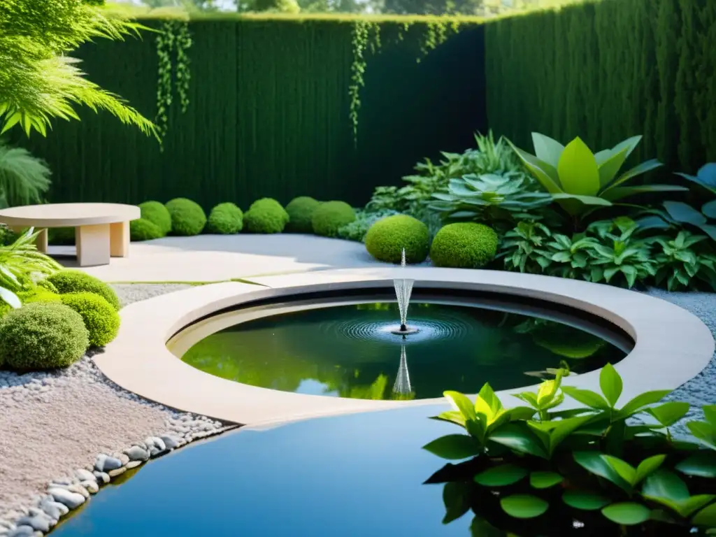 Estanque feng shui para armonía: jardín sereno con agua cristalina, reflejando el cielo azul y la vegetación circundante