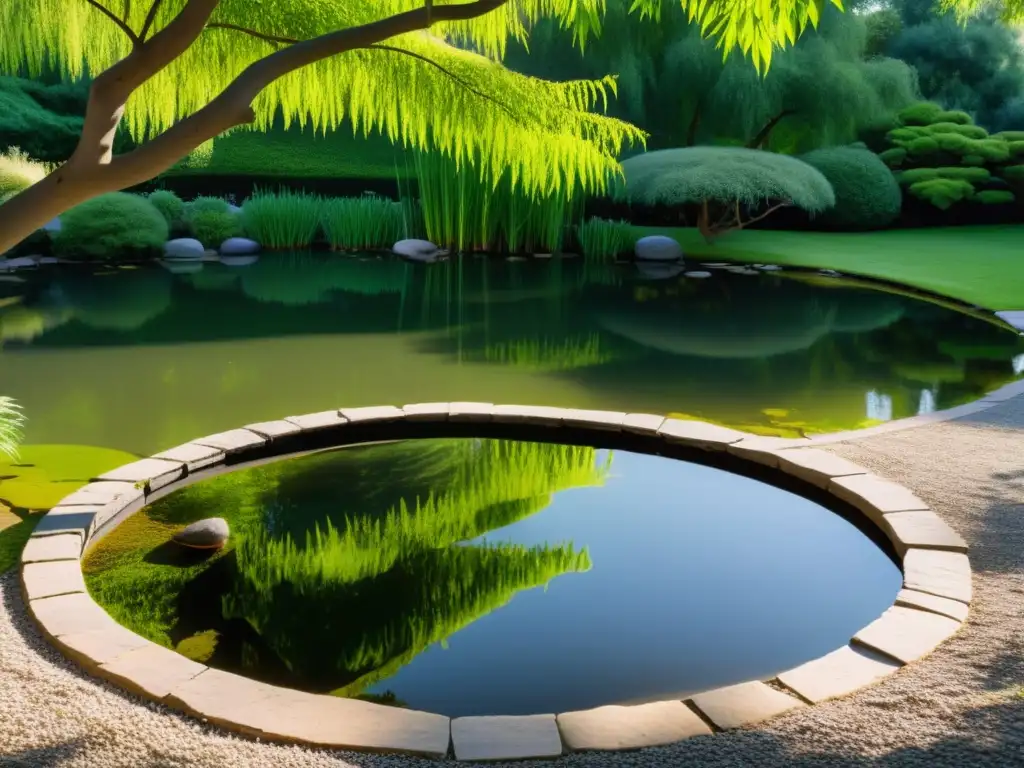 Estanque feng shui para armonía: sereno jardín minimalista con pequeño estanque reflejando la naturaleza, árboles y peces koi