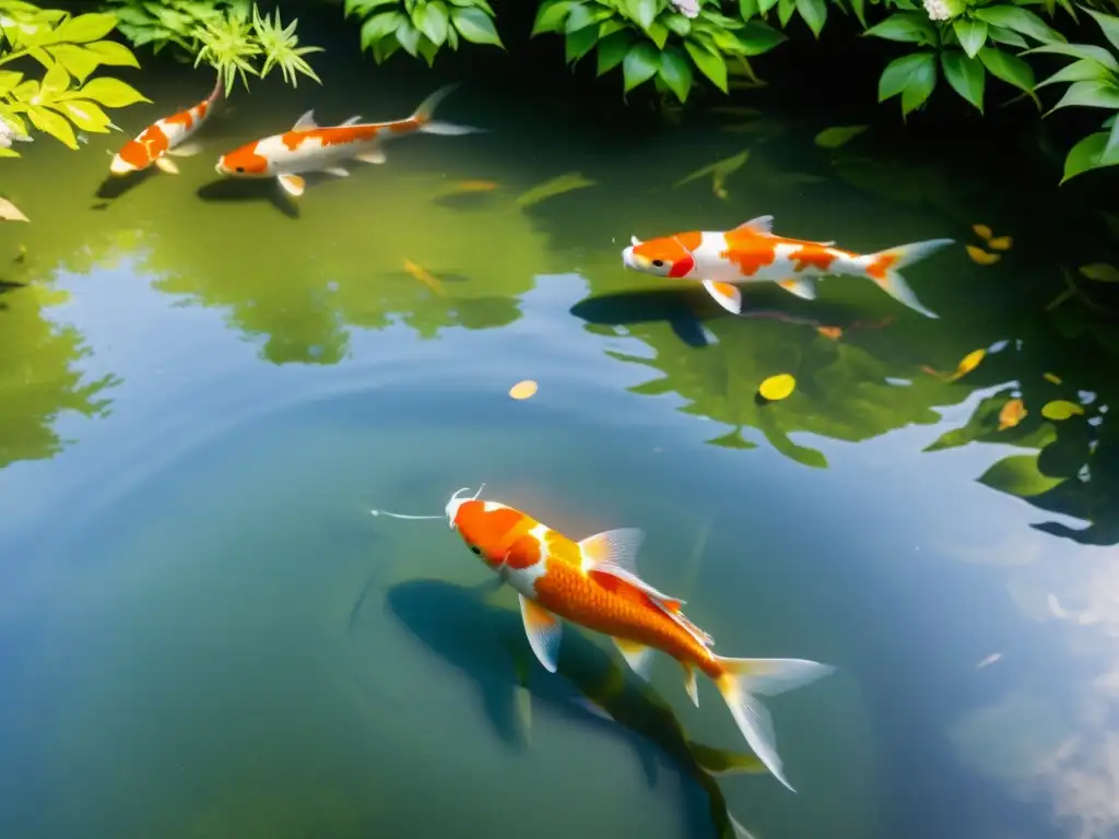 Estanque sereno con koi vibrantes Un estanque sereno en un jardín minimalista con koi vibrantes