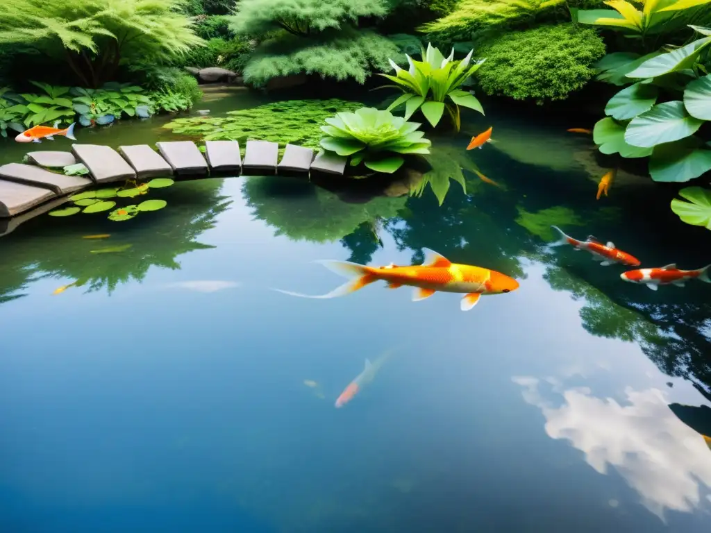 Estanque sereno con koi nadando Jardín Feng Shui con estanque sereno, koi nadando y naturaleza exuberante, integrando vida acuática en jardín Feng Shui
