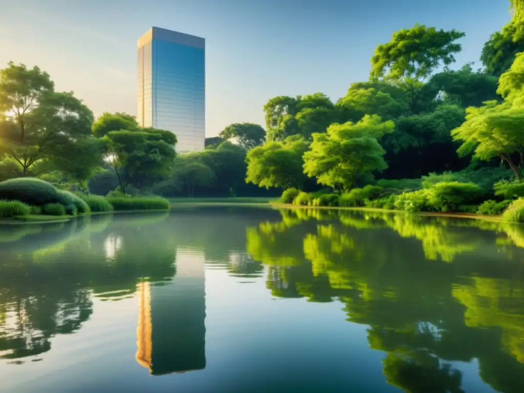 Un estanque sereno rodeado de exuberante vegetación, con el reflejo de un próspero distrito de negocios en su superficie