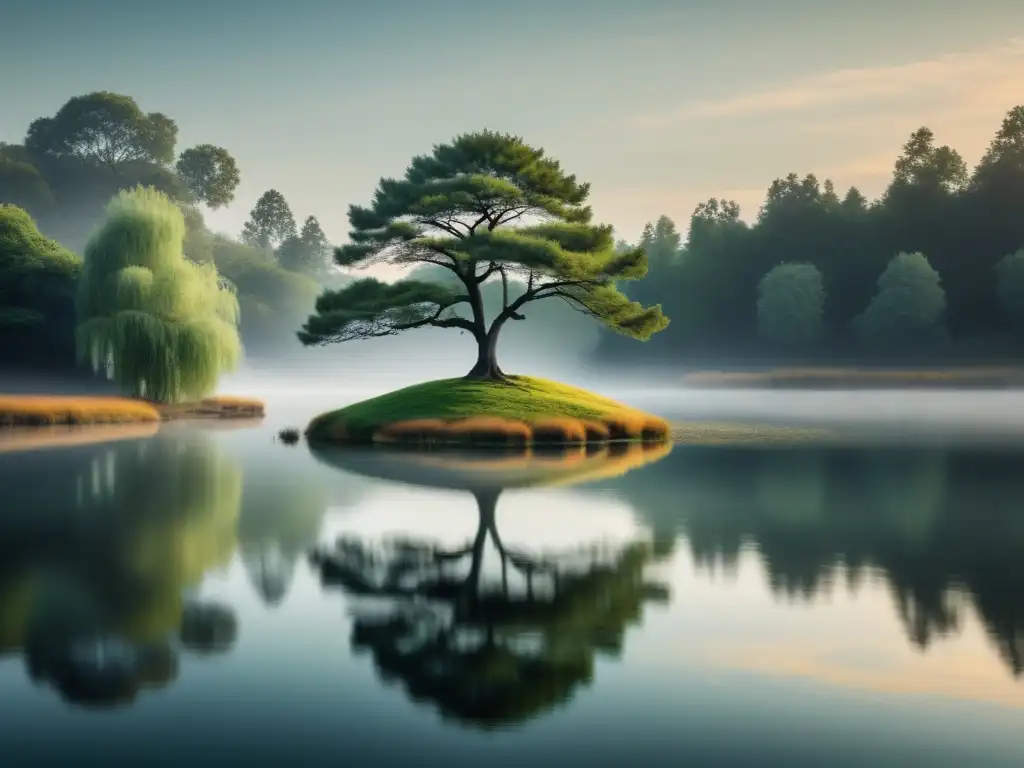 Un estanque tranquilo reflejando en el agua un árbol, simbolizando el equilibrio y armonía con Yin Yang