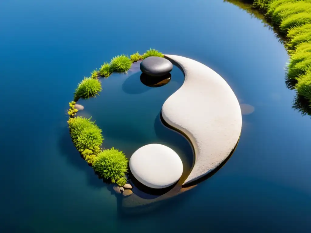 Un estanque tranquilo con piedras en forma de Yin Yang reflejando equilibrio y armonía con Yin Yang