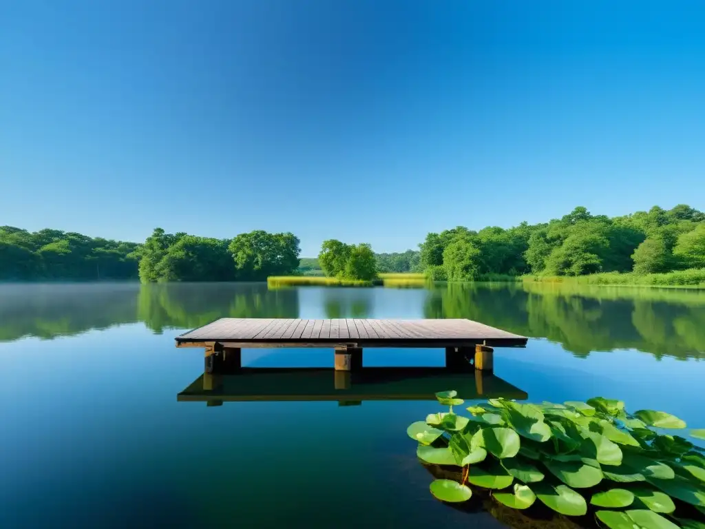 Un estanque tranquilo rodeado de exuberante vegetación, reflejando un cielo azul sin nubes