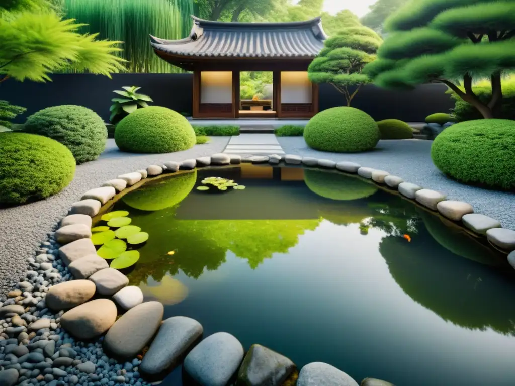 Estanque feng shui urbano, equilibrio entre naturaleza y diseño, reflejando serenidad y armonía en la ciudad