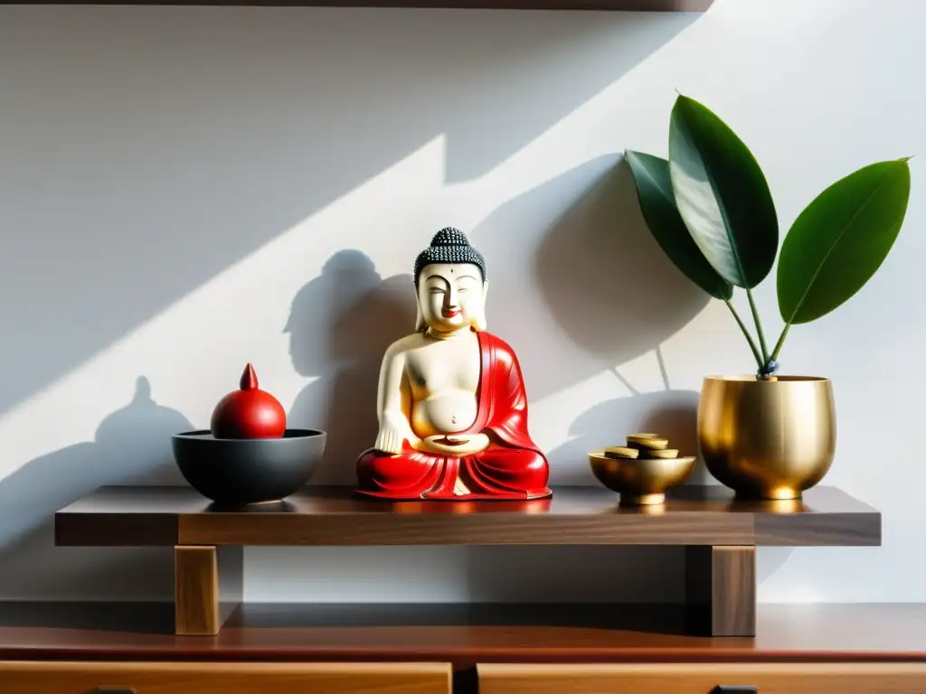 Un estante de madera minimalista sostiene objetos de Feng Shui para comercio, creando armonía y tranquilidad