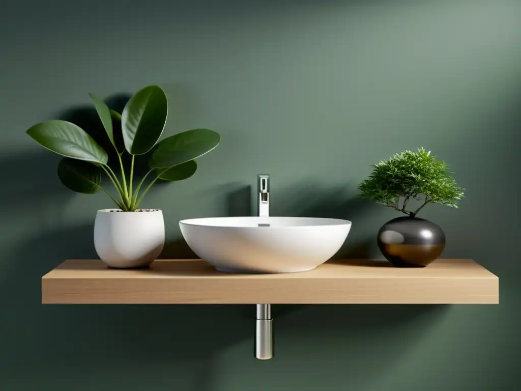 Estantería de baño minimalista con plantas verdes, jardín zen y piedras pulidas para equilibrio y armonía