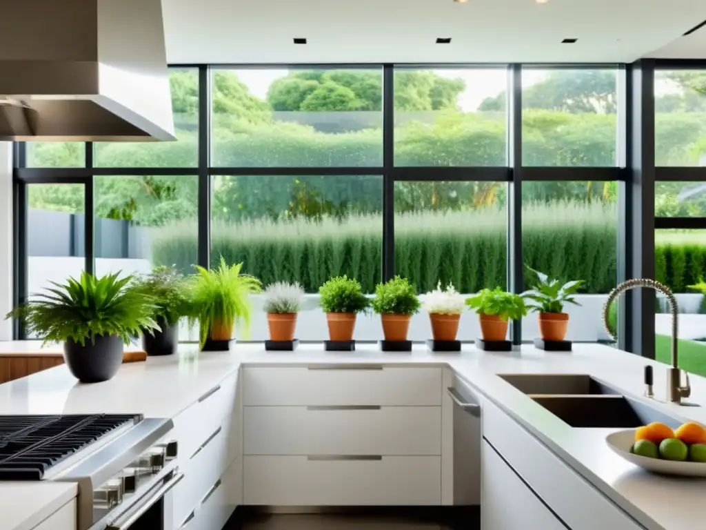 Ubicación estratégica cocina Feng Shui: Cocina moderna con paredes blancas, electrodomésticos de acero inoxidable, luz natural y toques de vegetación