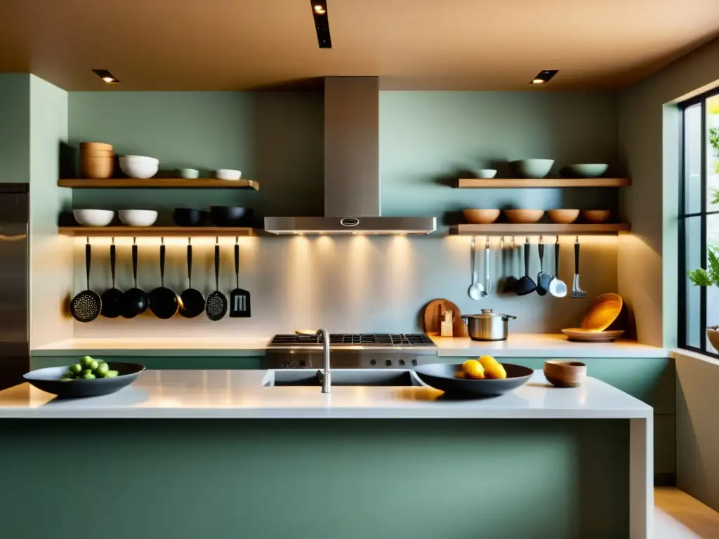 Ubicación estratégica cocina Feng Shui: Cocina de restaurante armoniosa, organizada y bañada en luz natural, con utensilios bien dispuestos