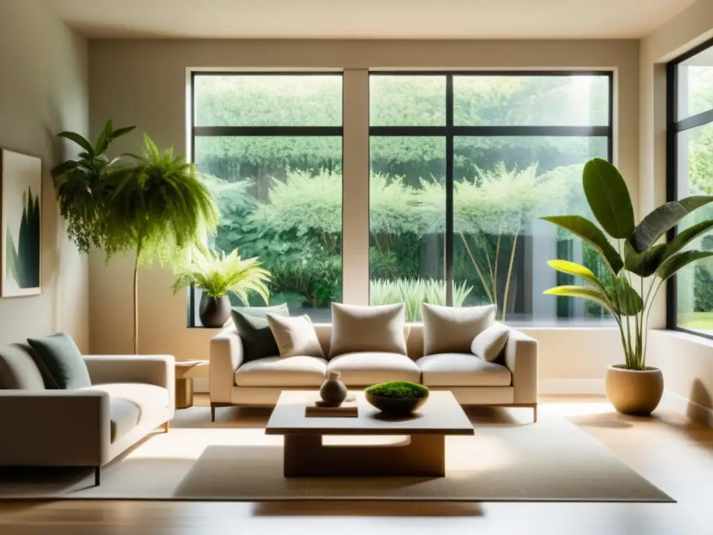 Ubicación estratégica plantas para prosperidad: Sala minimalista con vista a jardín, armonía natural y tranquilidad