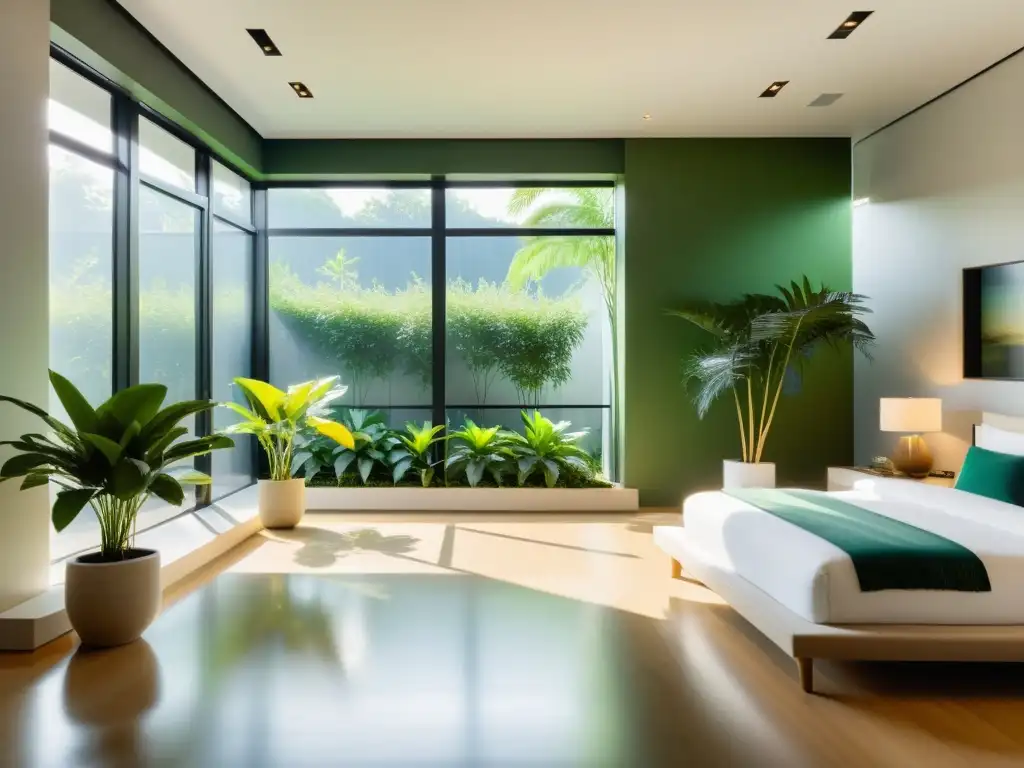 Ubicación estratégica de plantas para prosperidad en una serena habitación minimalista con luz natural y armonía Feng Shui