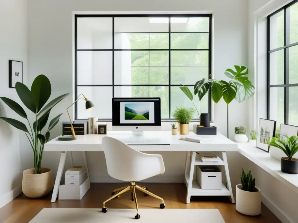 Un estudio artístico feng shui rediseñado: escritorio blanco, suministros de arte, plantas y luz natural, creando un ambiente sereno