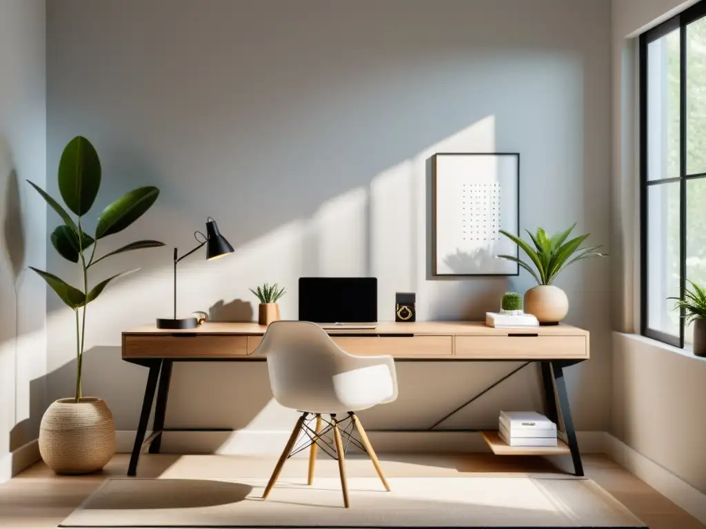 Feng Shui en el estudio de casa con escritorio de madera y decoración minimalista junto a la ventana