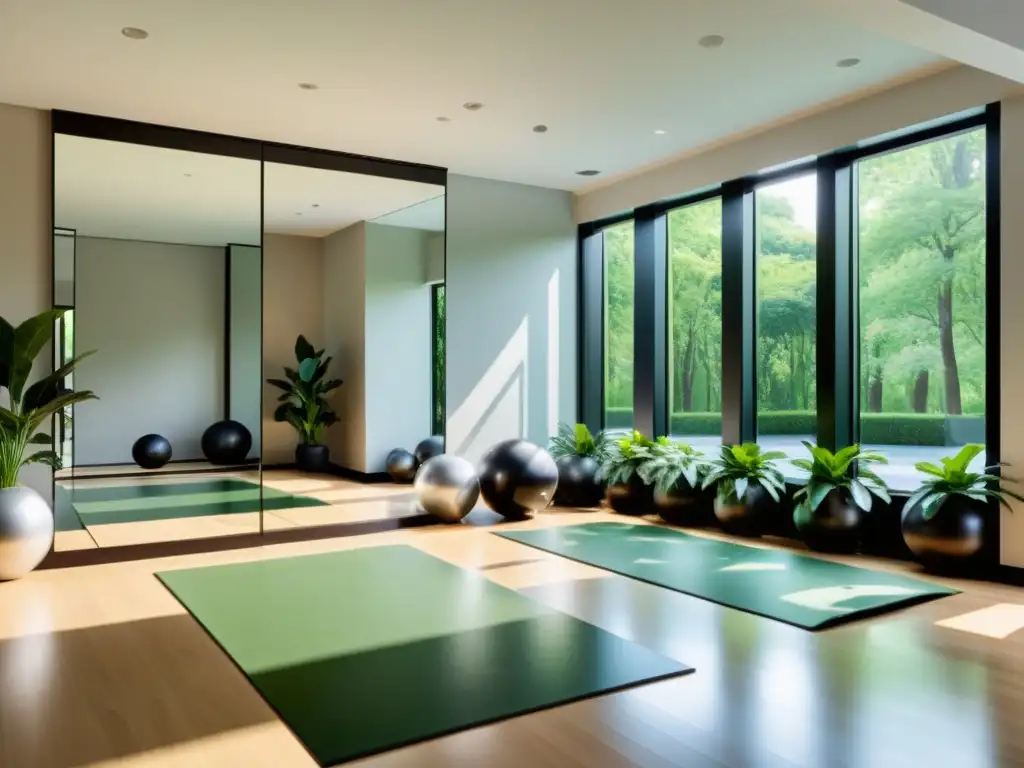 Estudio de gimnasio sereno con uso estratégico de espejos Feng Shui y decoración minimalista, reflejando luz natural y vegetación exuberante