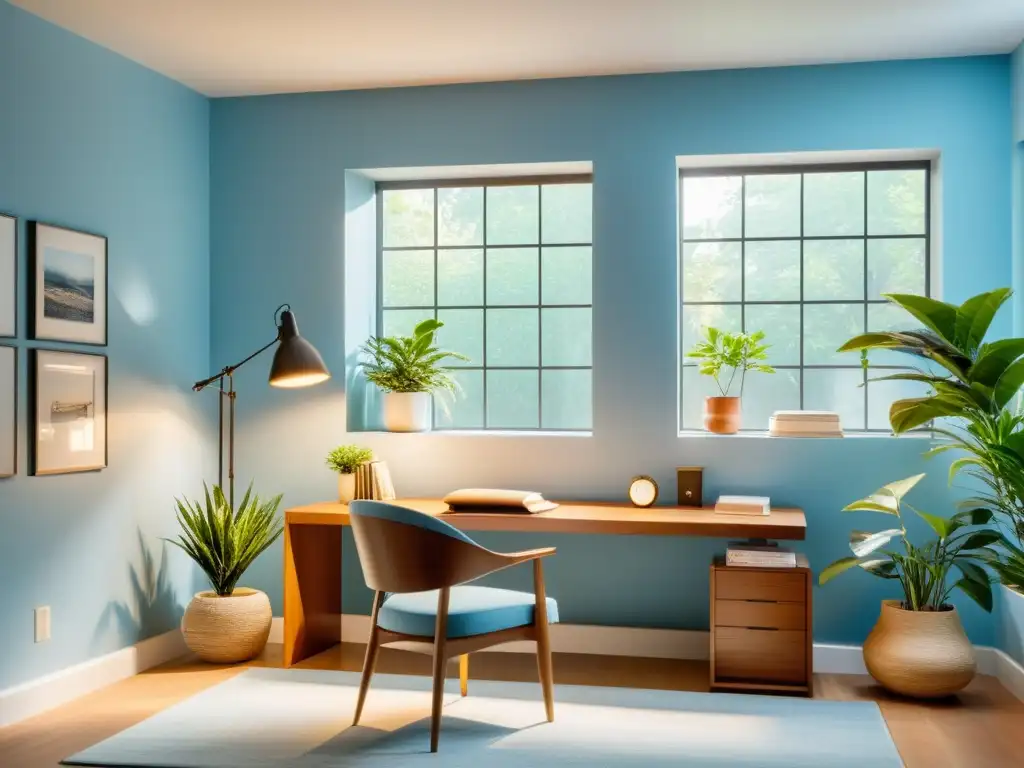 Un estudio minimalista con iluminación natural y detalles de Feng Shui para un ambiente luminoso y sereno