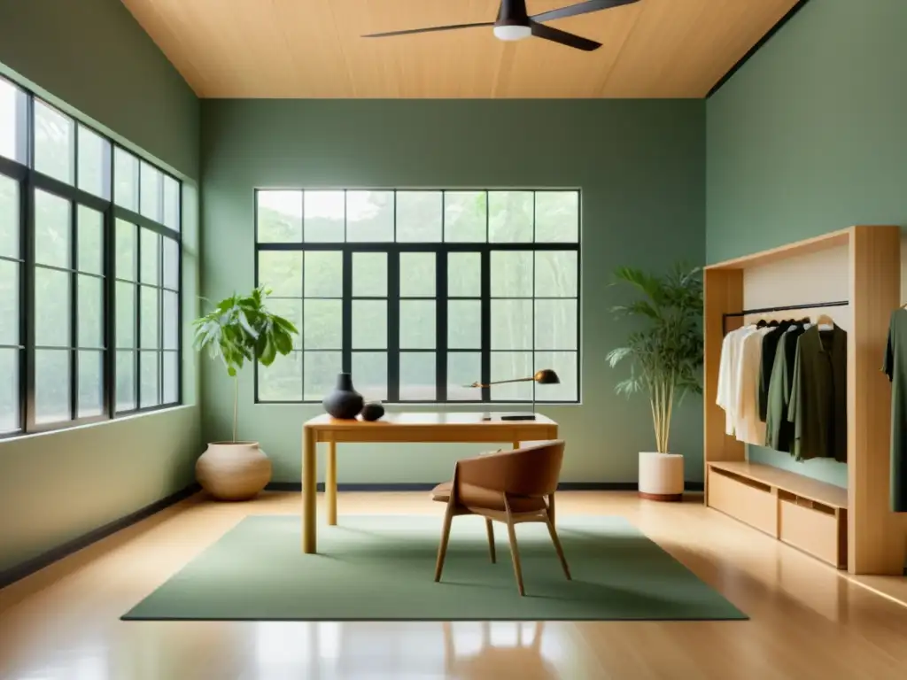 Estudio de moda ética y Feng Shui sostenible con decoración serena y abundante luz natural