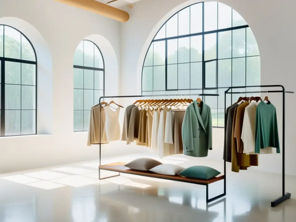 Un estudio de moda ética y Feng Shui sostenible, con telas sostenibles y ropa elegante en un espacio sereno y armonioso