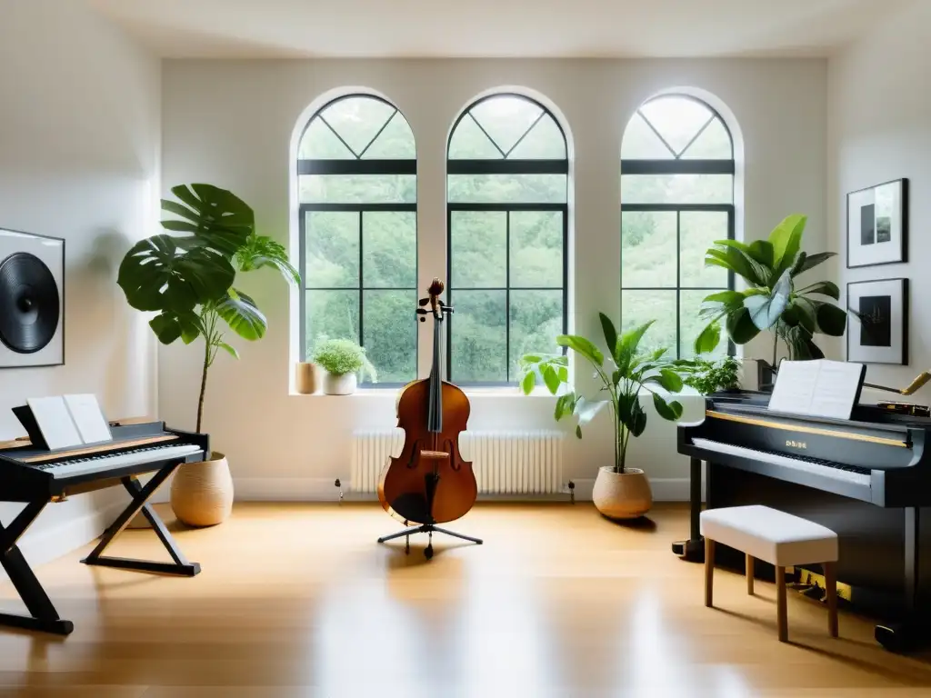 Un estudio musical Feng Shui equilibrado con luz natural, instrumentos y vegetación, promoviendo serenidad y productividad