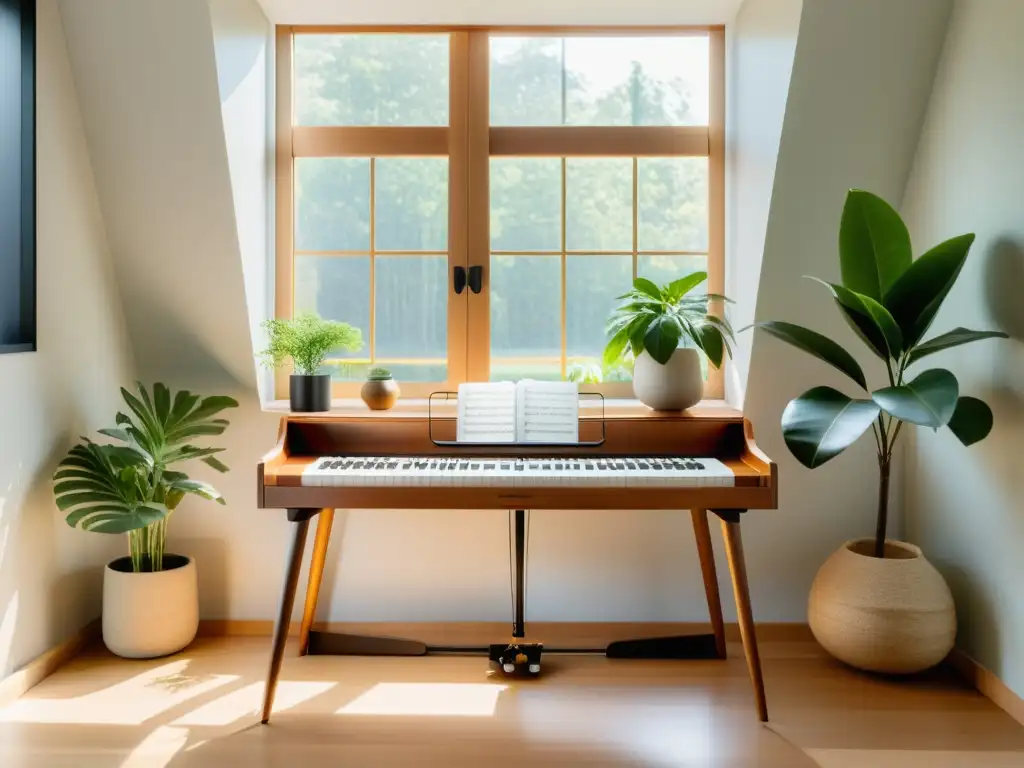 Estudio musical con equilibrio Feng Shui; ambiente armonioso y balanceado, con instrumentos y plantas en espacio luminoso y natural