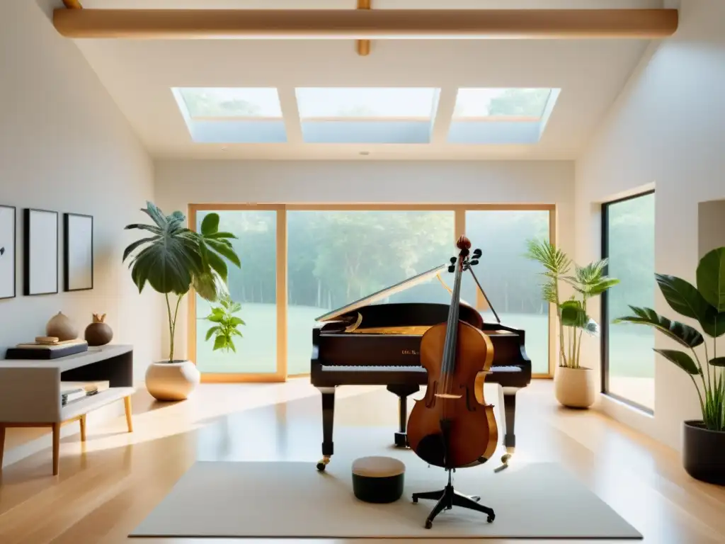 Estudio musical Feng Shui equilibrio: Espacio sereno y equilibrado con instrumentos, plantas y decoración calmante en luz natural