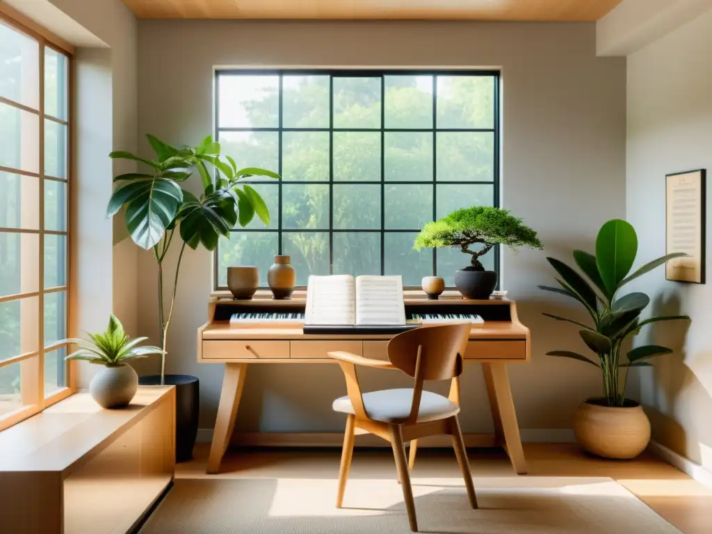 Estudio musical con equilibrio Feng Shui, paz y armonía en un espacio minimalista con plantas y luz natural