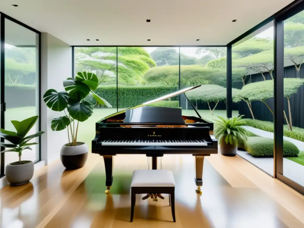 Estudio musical con piano negro bañado en luz natural, rodeado de plantas y decoración inspirada en el Feng Shui