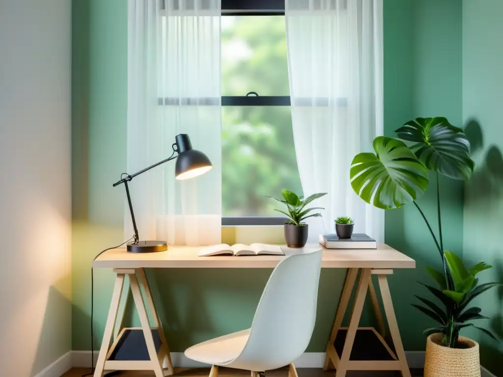 Un estudio sereno con iluminación Feng Shui para estudios luminosos