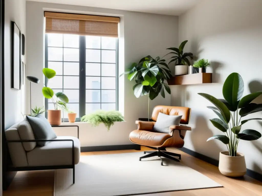 Un estudio urbano sereno y minimalista con luz natural, líneas limpias y decoración cuidadosamente seleccionada