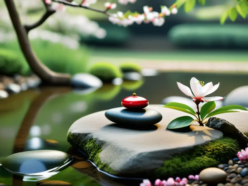 Feng Shui para eventos especiales: Jardín tranquilo con piedras, arroyo y cerezo en flor, irradiando armonía y equilibrio