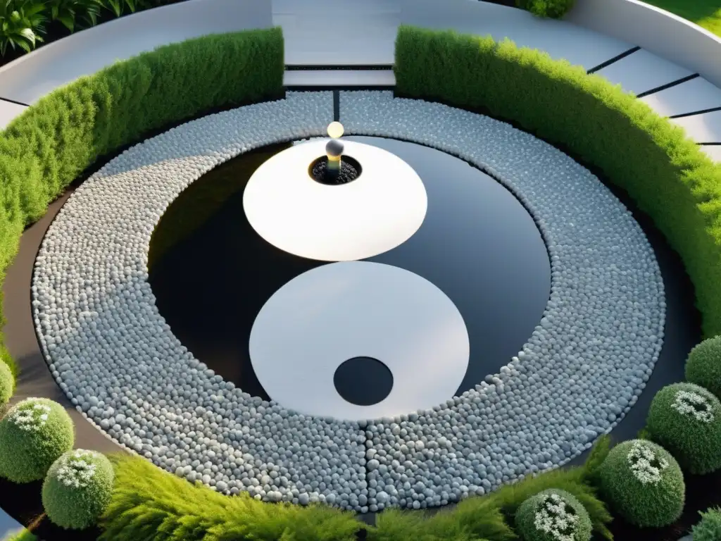 Jardín exterior minimalista en blanco y negro con símbolo yinyang hecho de grava y piedras