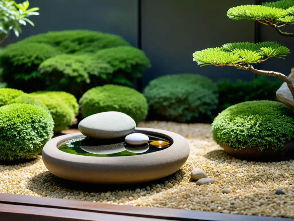 Un jardín exterior sereno y minimalista con rocas cuidadosamente dispuestas, grava rastrillada y una pequeña fuente Zen como punto focal