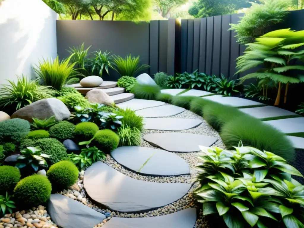 Un jardín exterior sereno con rocas cuidadosamente dispuestas, agua fluyente y exuberante vegetación, siguiendo el diseño Feng Shui